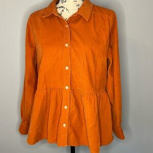 LOFT Pumpkin corduroy button down peplum top Medium